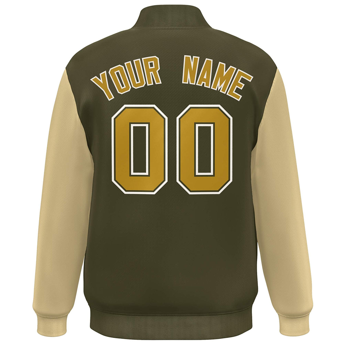 Custom Olive Khaki-Old Gold Color Block Varsity Full-Snap Bomber Jacket
