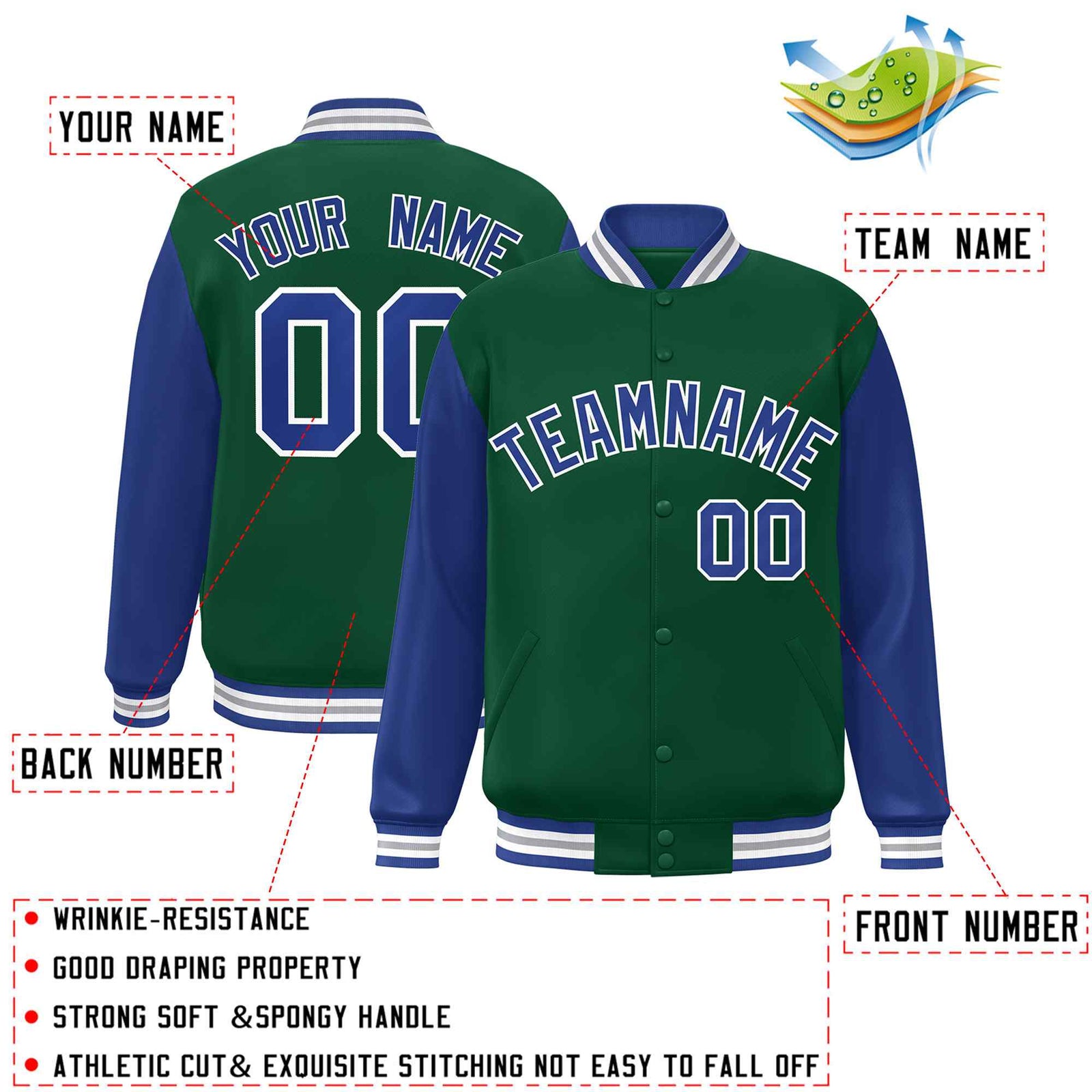 Custom Green Royal-White Raglan Sleeves Varsity Full-Snap Letterman Jacket