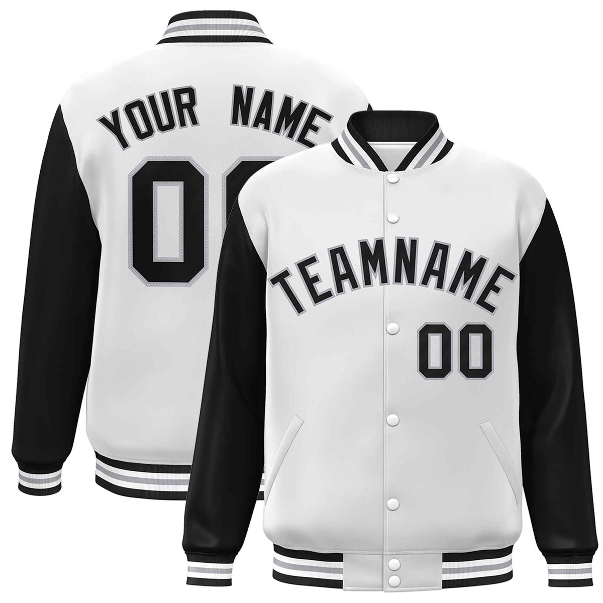 Custom White Black-Gray Raglan Sleeves Varsity Full-Snap Letterman Jacket