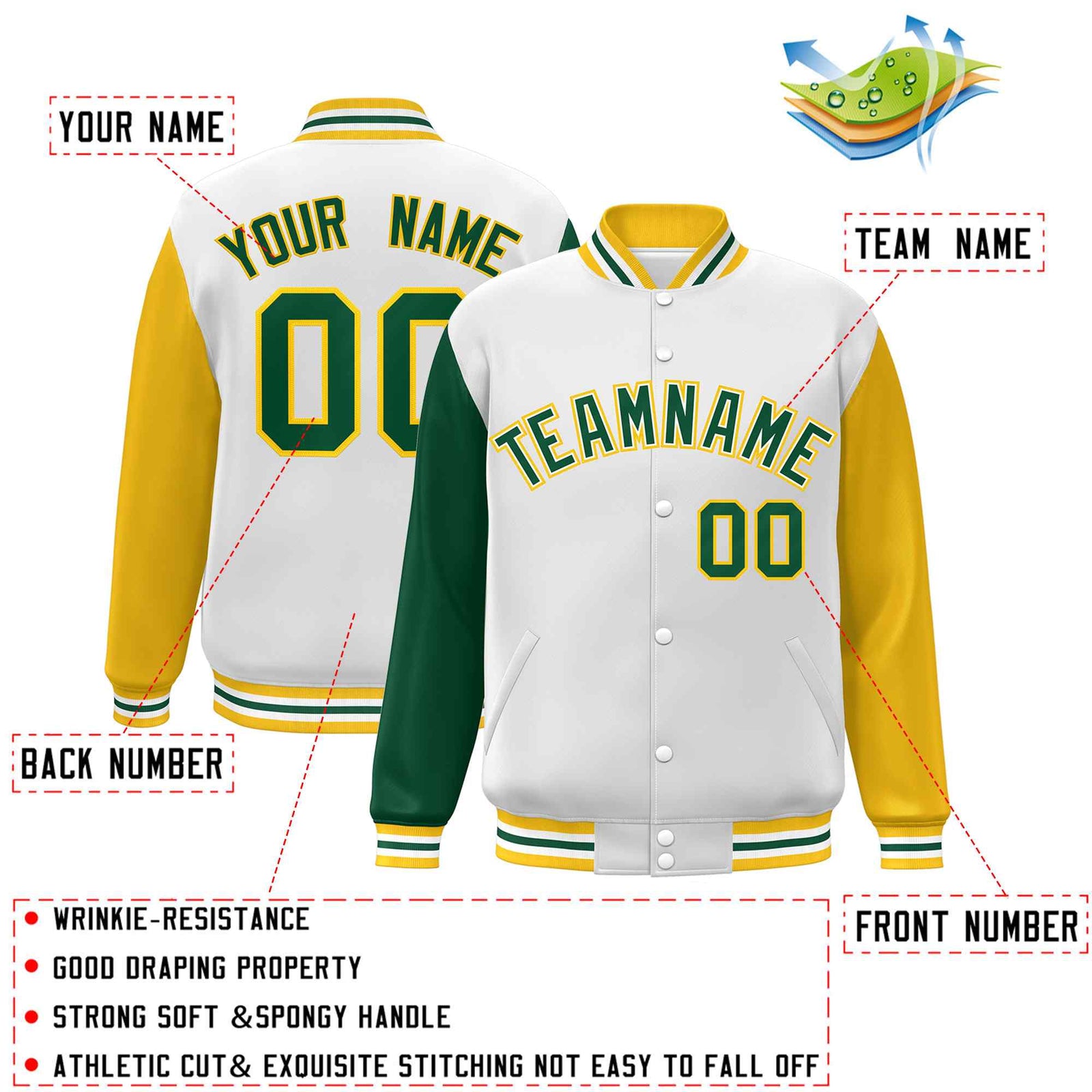 Custom White Green-White Raglan Sleeves Varsity Full-Snap Letterman Jacket