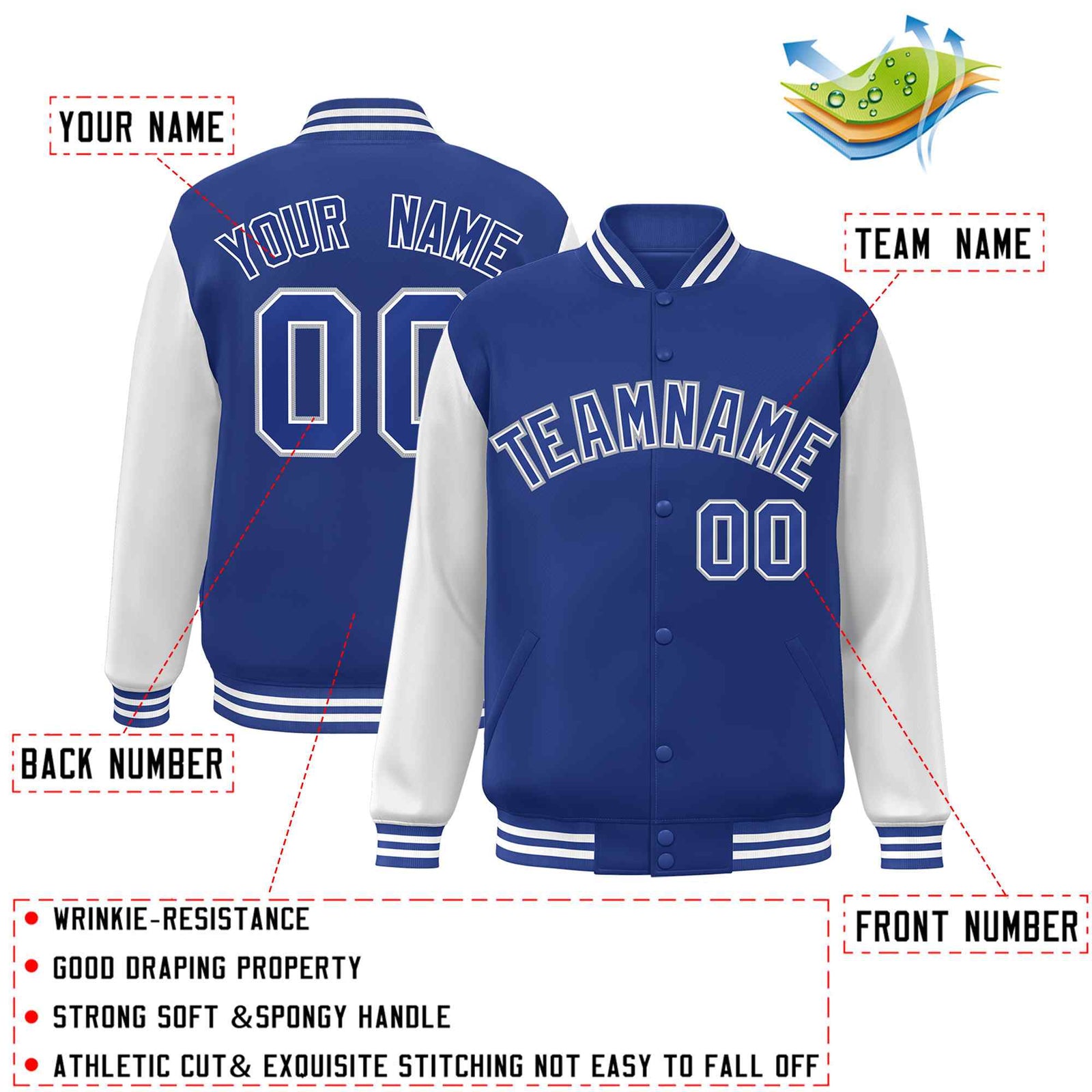 Custom Royal Royal-White Raglan Sleeves Varsity Full-Snap Letterman Jacket