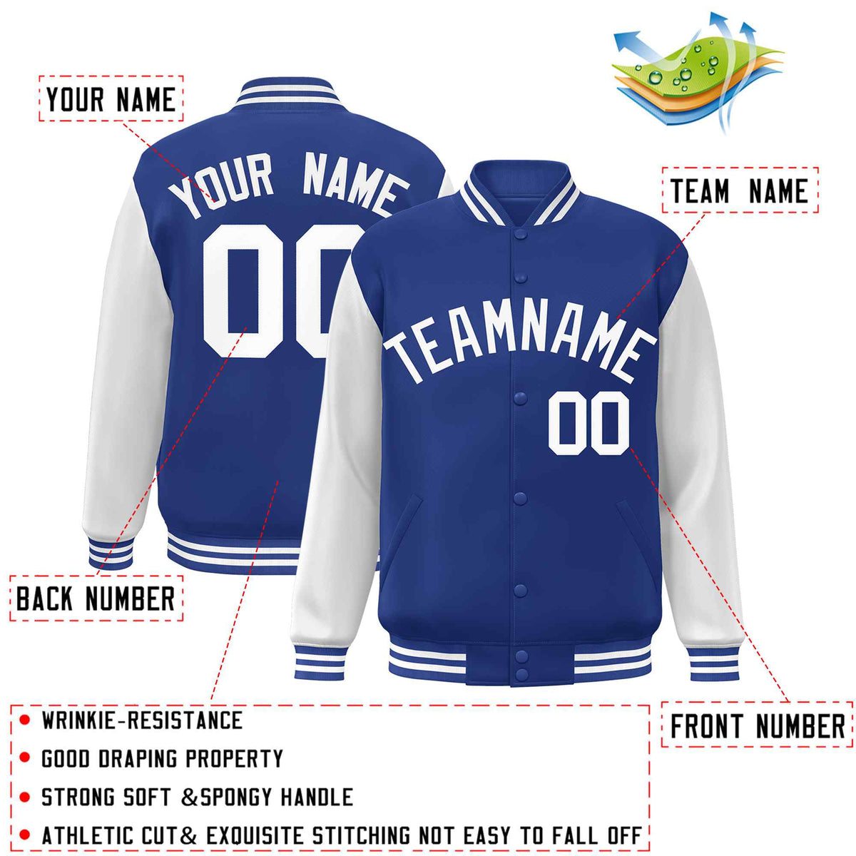 Custom Royal White Raglan Sleeves Varsity Full-Snap Letterman Jacket