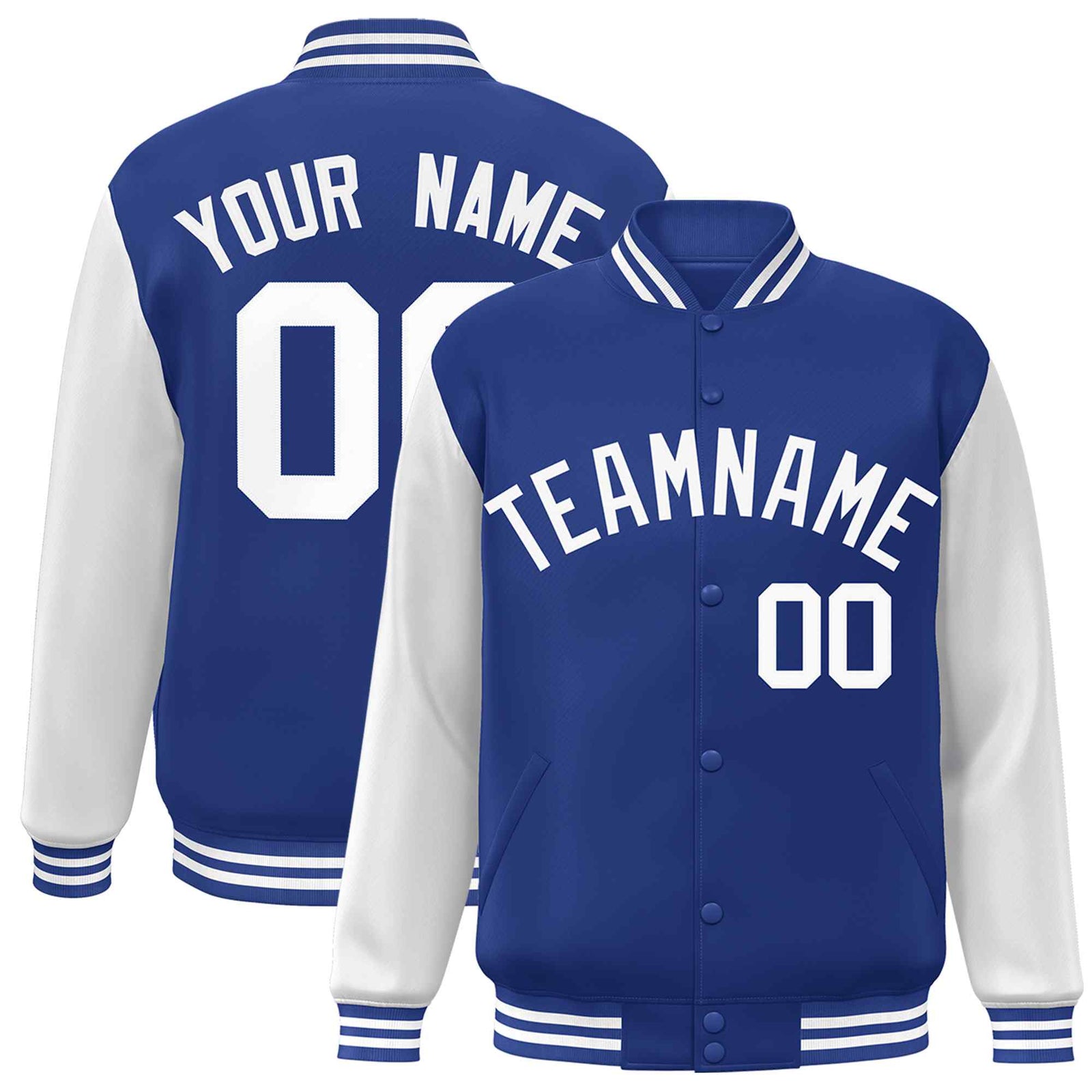 Custom Royal White Raglan Sleeves Varsity Full-Snap Letterman Jacket