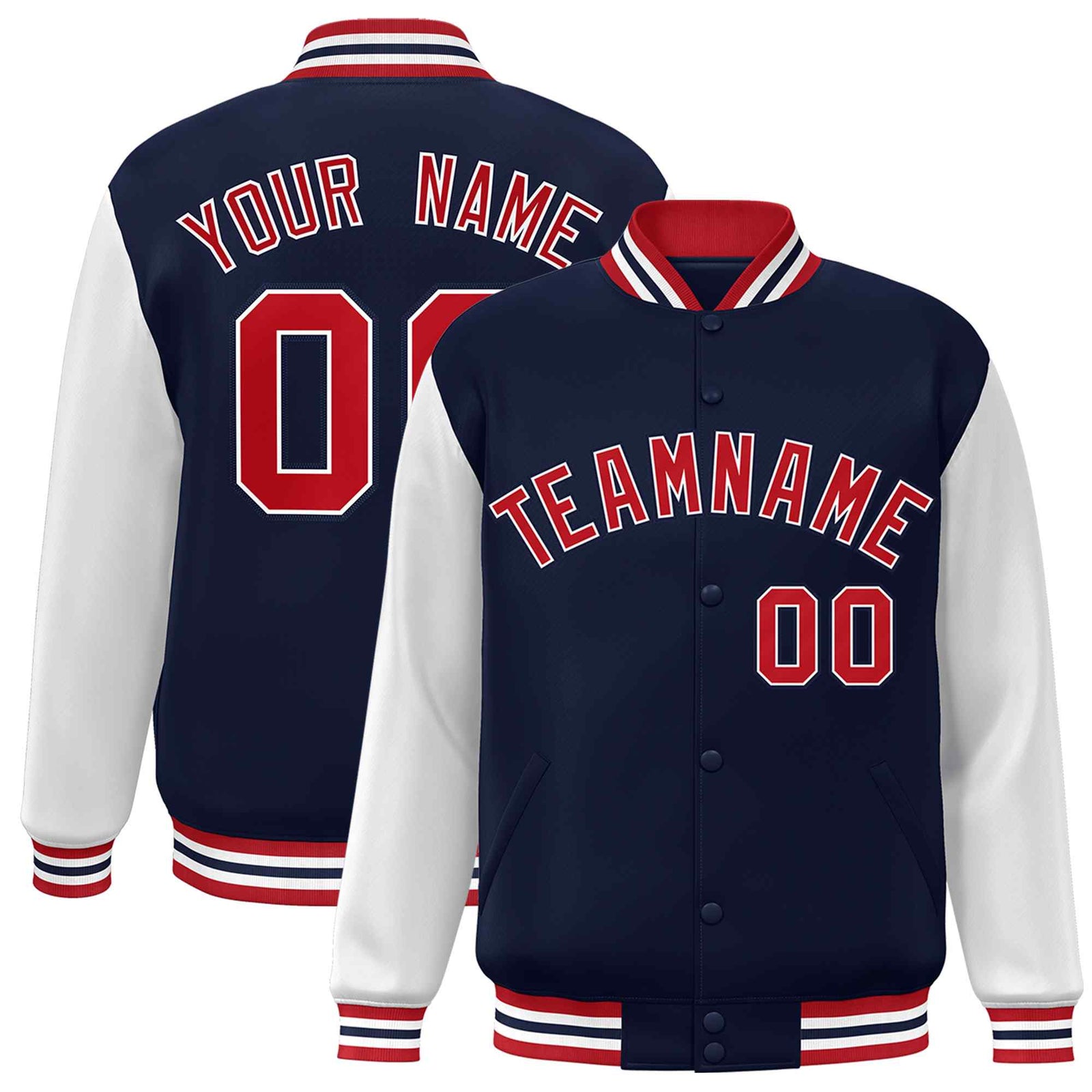 Custom Navy Red-White Raglan Sleeves Varsity Full-Snap Letterman Jacket