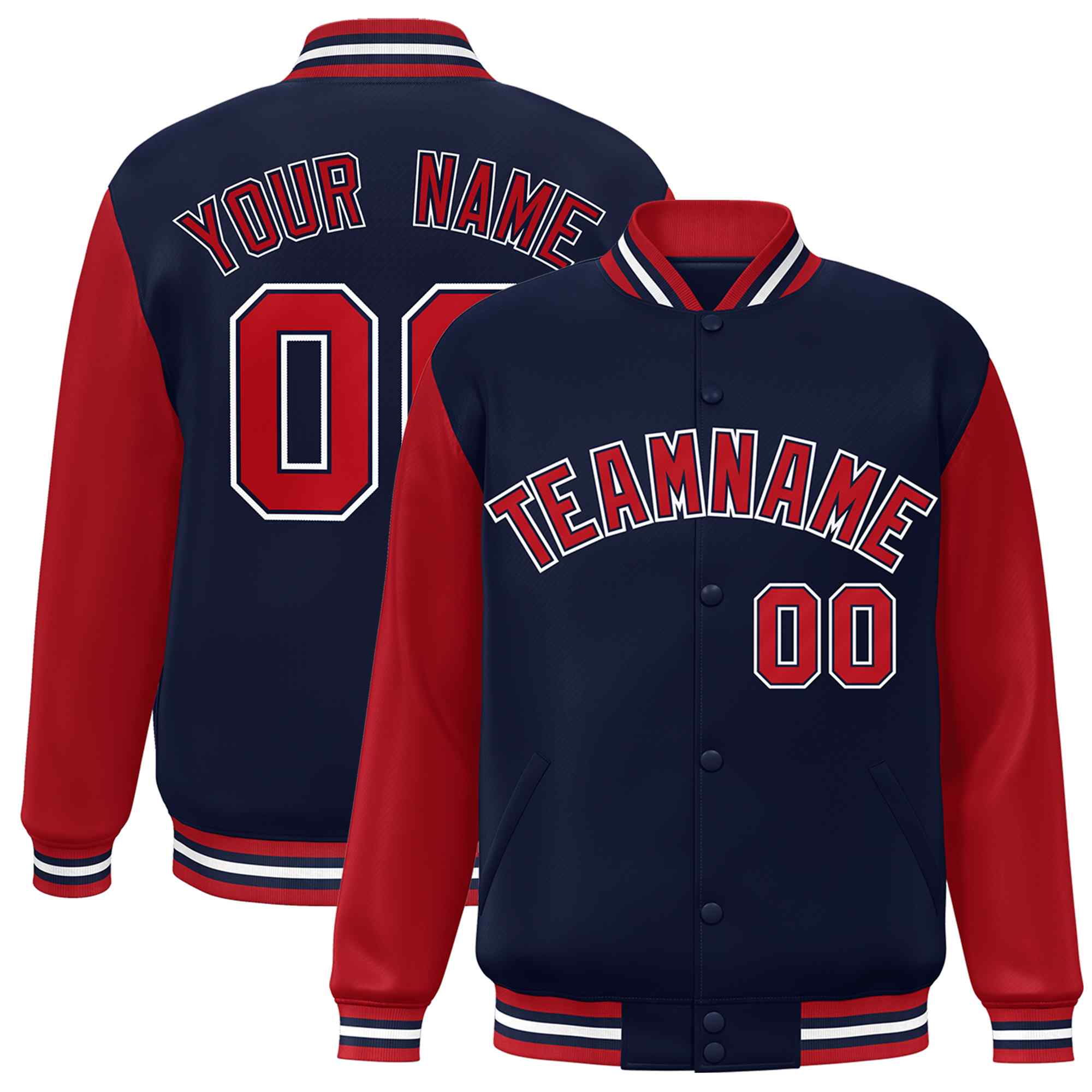 Custom Navy Red-Navy Raglan Sleeves Varsity Full-Snap Letterman Jacket