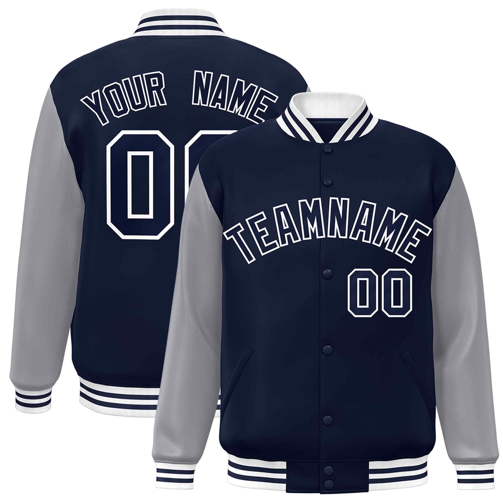 Custom Navy Navy-White Raglan Sleeves Varsity Full-Snap Letterman Jacket