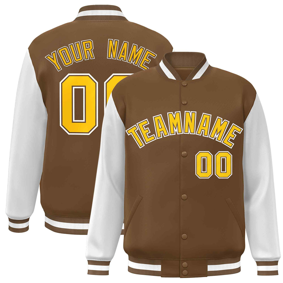 Custom Light Brown Gold-White Raglan Sleeves Varsity Full-Snap Letterman Jacket