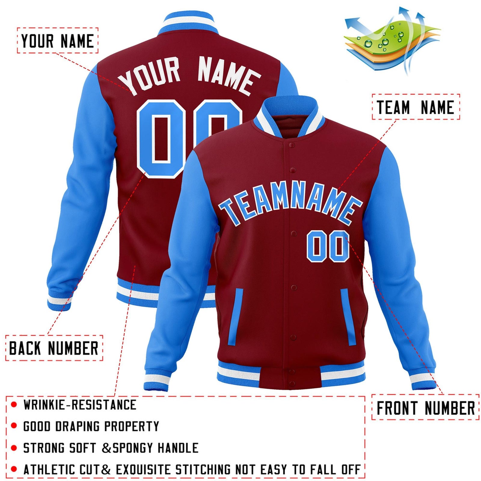Custom Crimson Powder Blue-White Raglan Sleeves Varsity Full-Snap Letterman Jacket