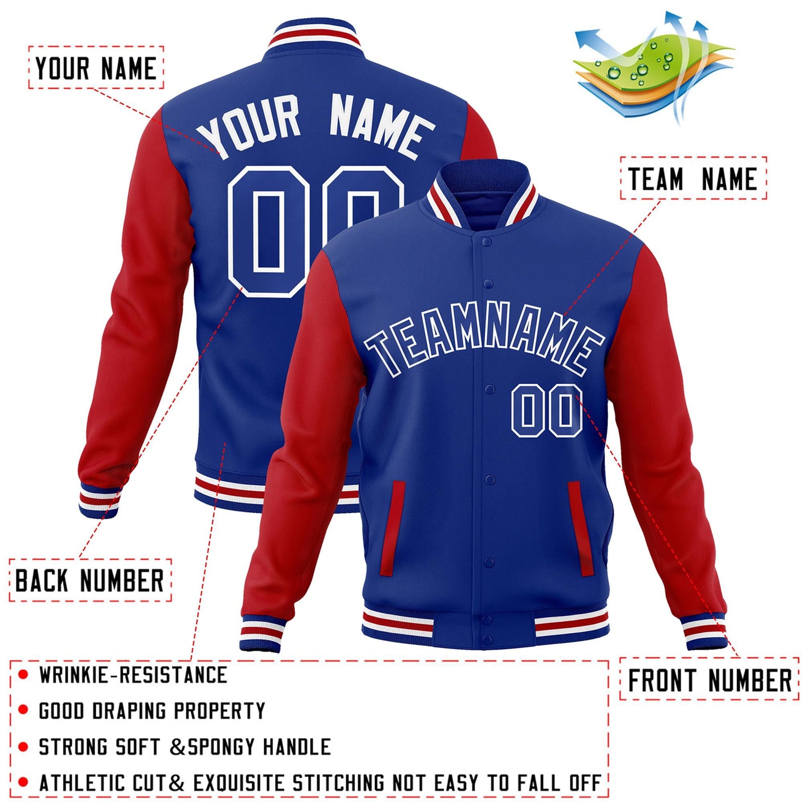 Custom Royal Royal-White Raglan Sleeves Varsity Full-Snap Letterman Jacket