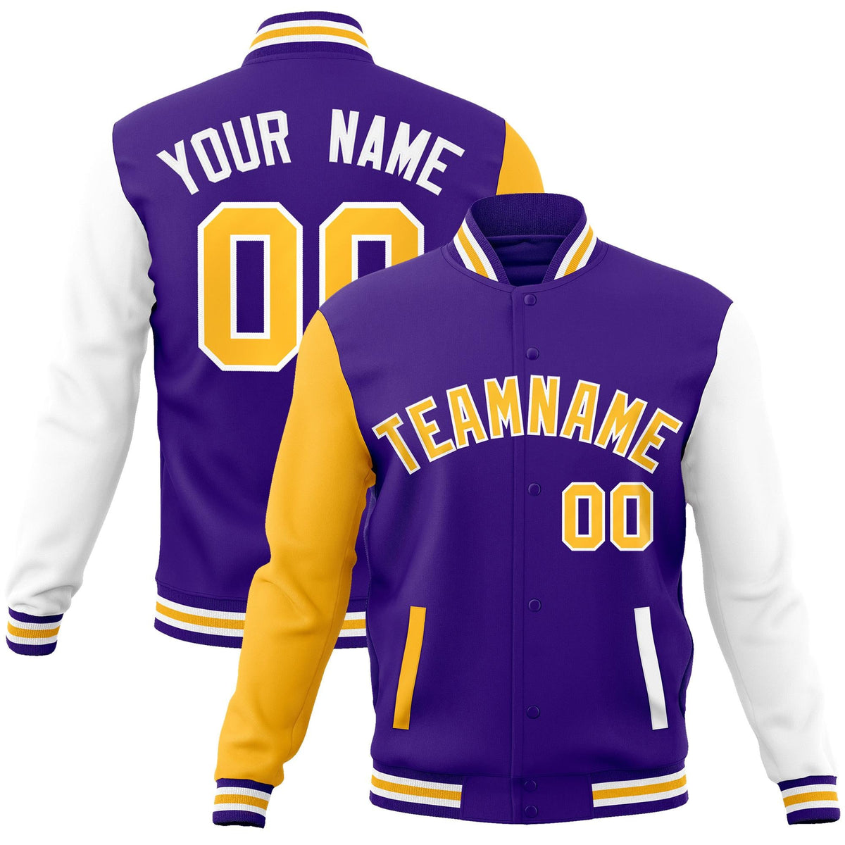 Custom Purple Yellow-White Raglan Sleeves Varsity Full-Snap Letterman Jacket
