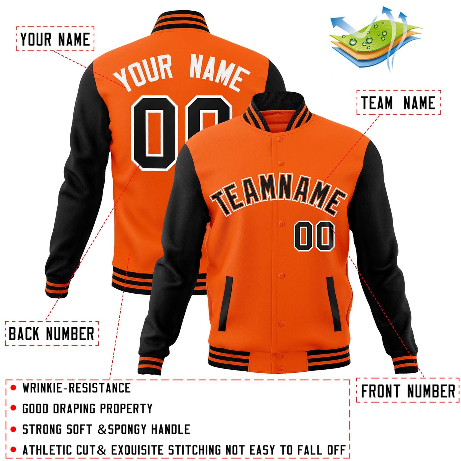Custom Orange Black-White Raglan Sleeves Varsity Full-Snap Letterman Jacket