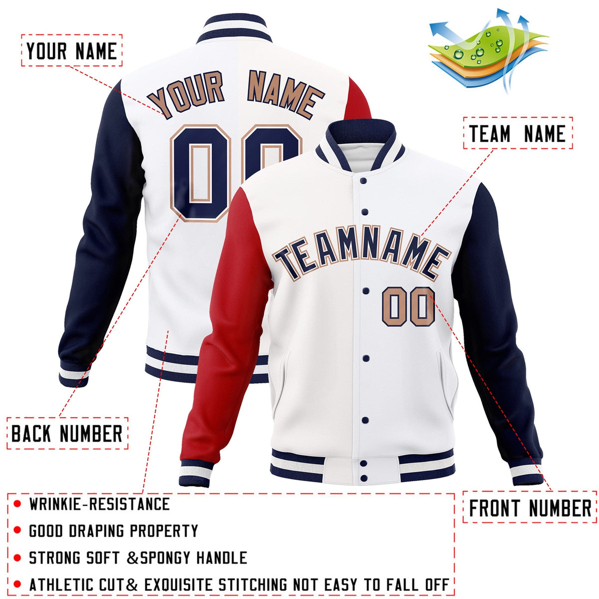 Custom White Navy-White Raglan Sleeves Varsity Full-Snap Letterman Jacket