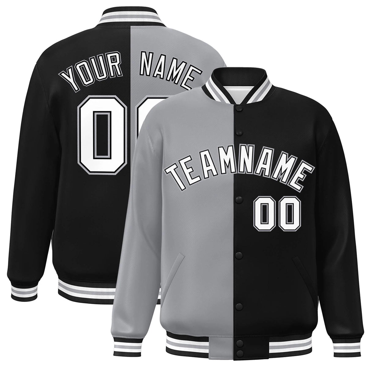 Custom Black Gray-White Letterman Two Tone Split Fashion Varsity Full-Snap Jacket