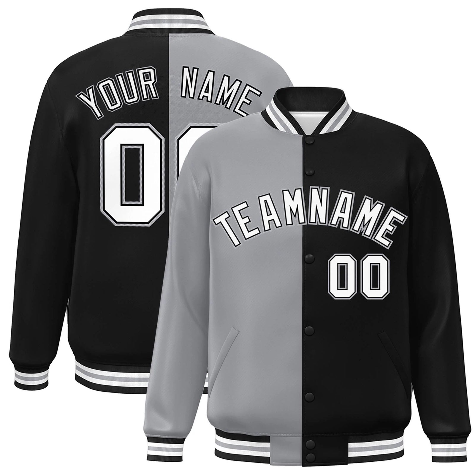 Custom Black Gray-White Letterman Two Tone Split Fashion Varsity Full-Snap Jacket
