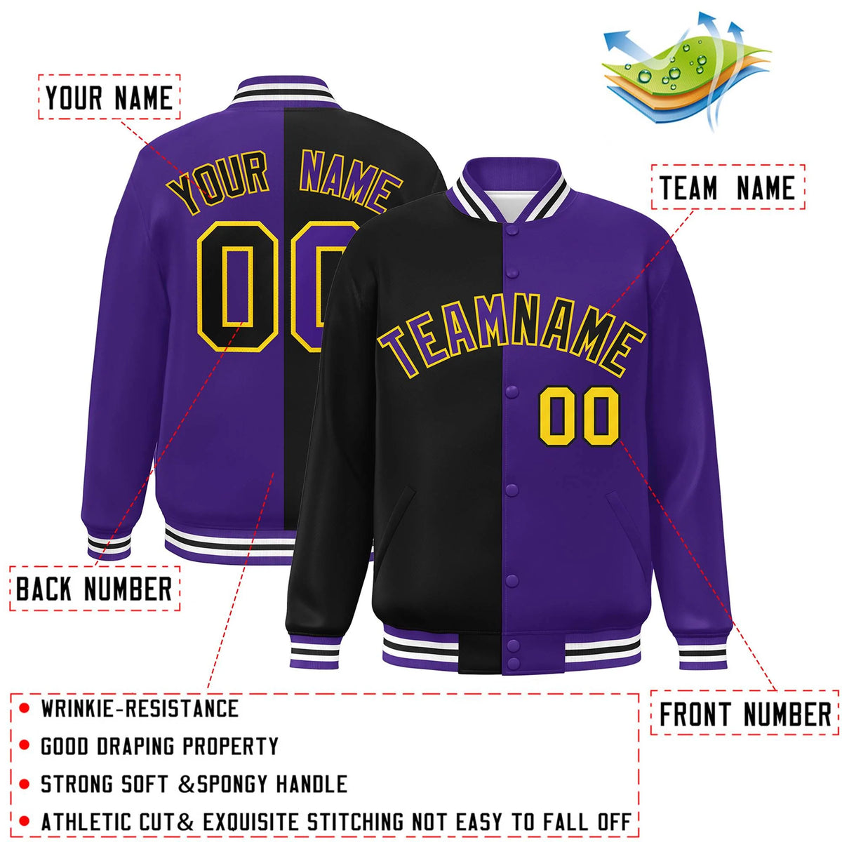 Custom Purple Black-Gold Letterman Two Tone Split Fashion Varsity Full-Snap Jacket