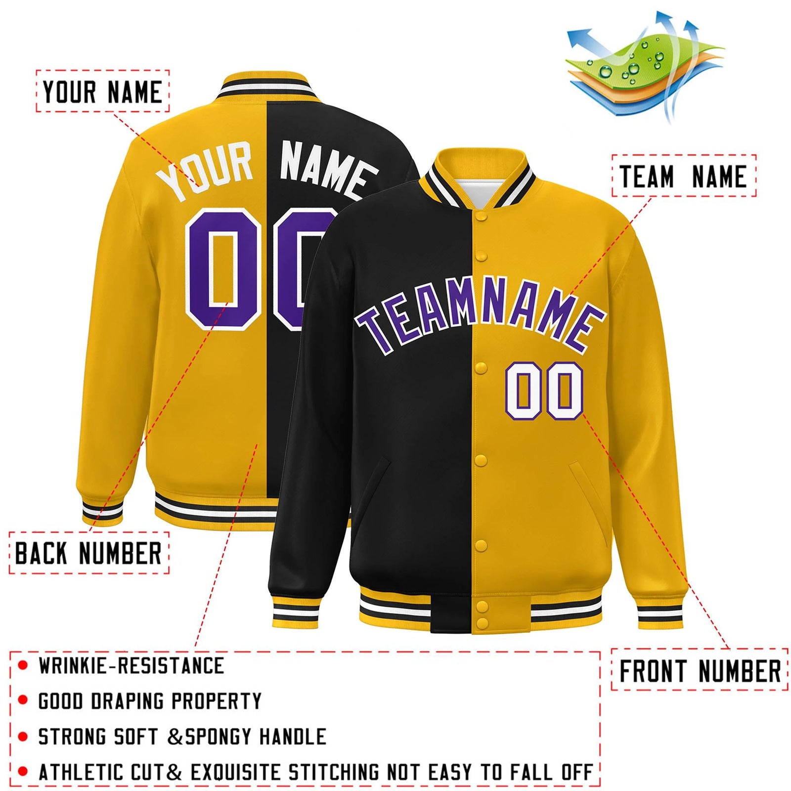 Custom Gold Black-Purple Letterman Two Tone Split Fashion Varsity Full-Snap Jacket