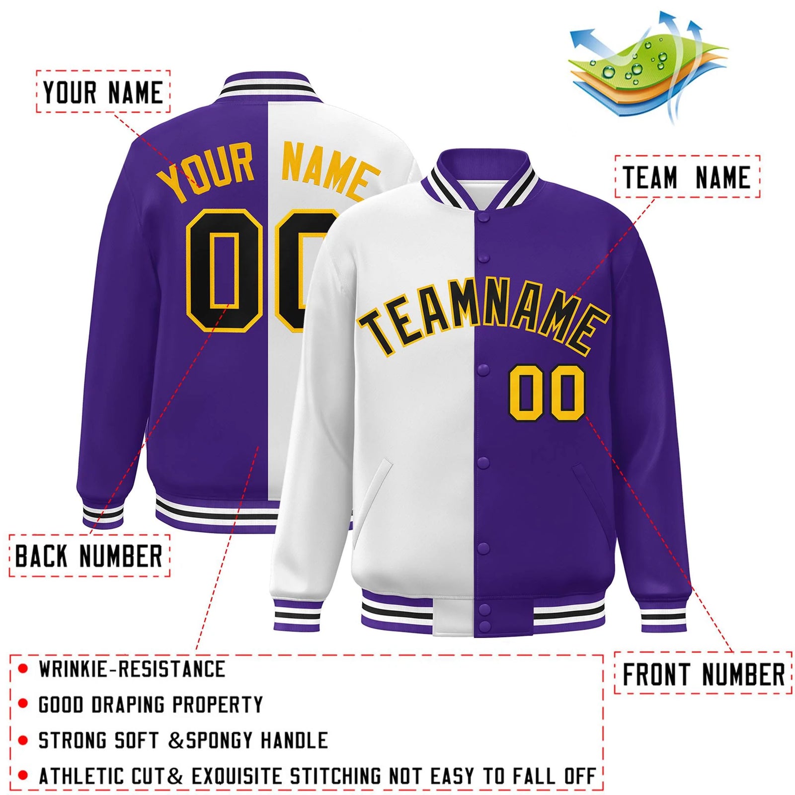 Custom Purple White-Gold Letterman Two Tone Split Fashion Varsity Full-Snap Jacket