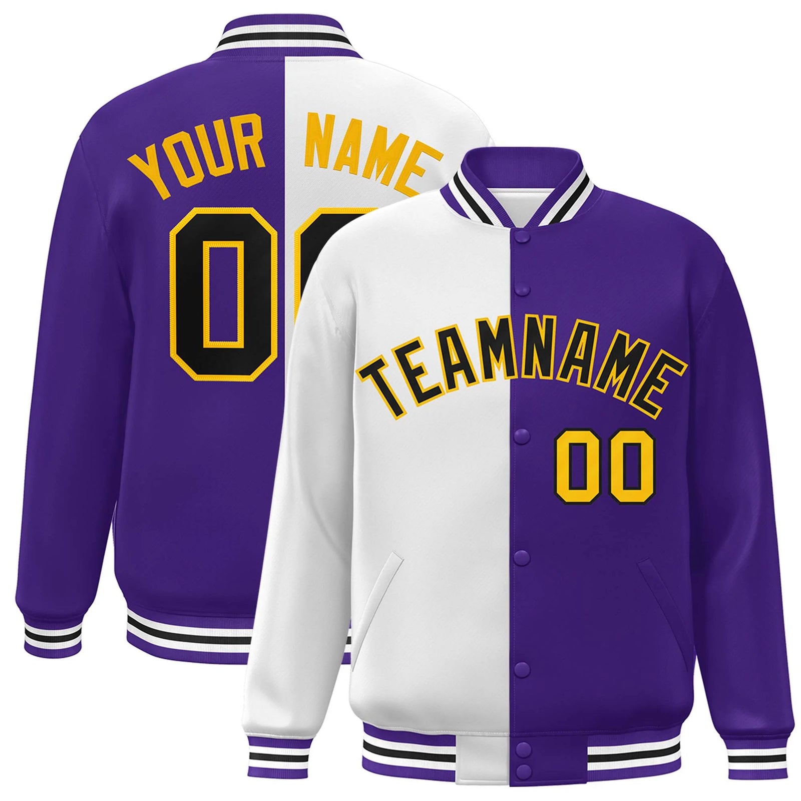Custom Purple White-Gold Letterman Two Tone Split Fashion Varsity Full-Snap Jacket