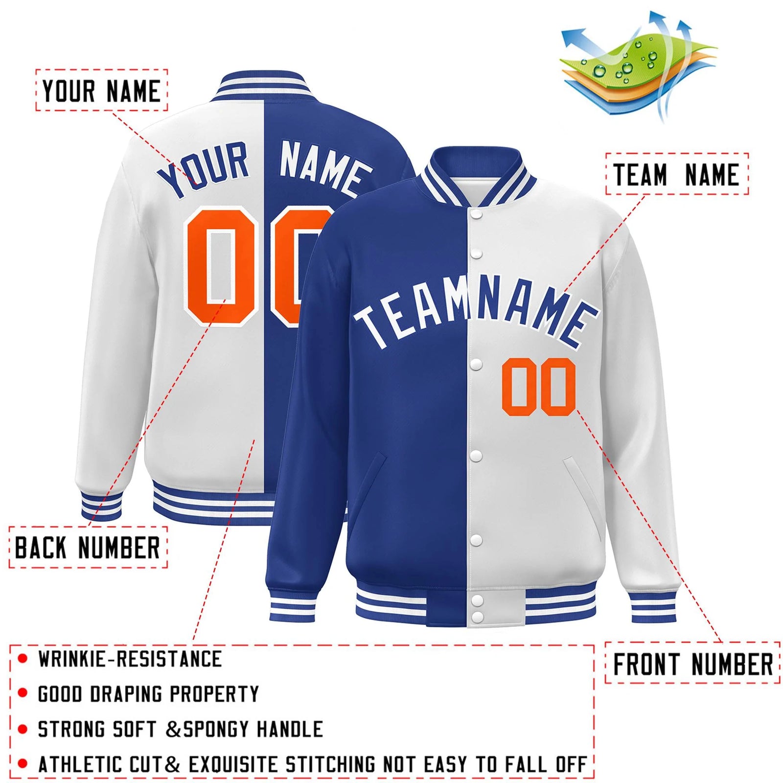 Custom White Royal Letterman Two Tone Split Fashion Varsity Full-Snap Jacket