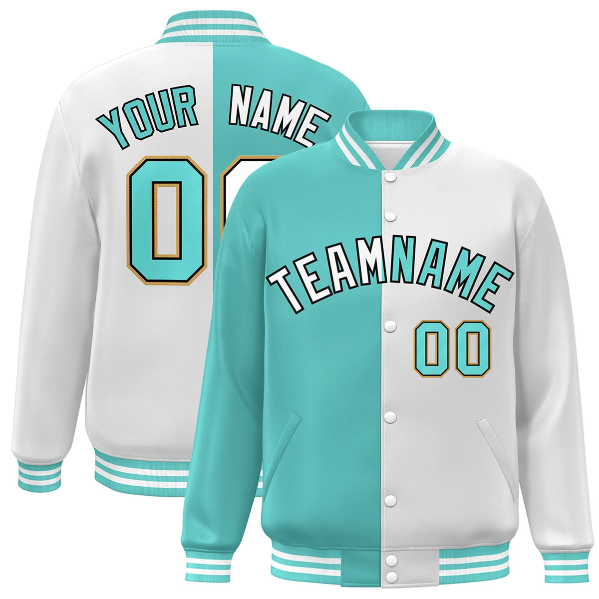 Custom White Aqua-Gold Letterman Two Tone Split Fashion Full-Snap Jacket