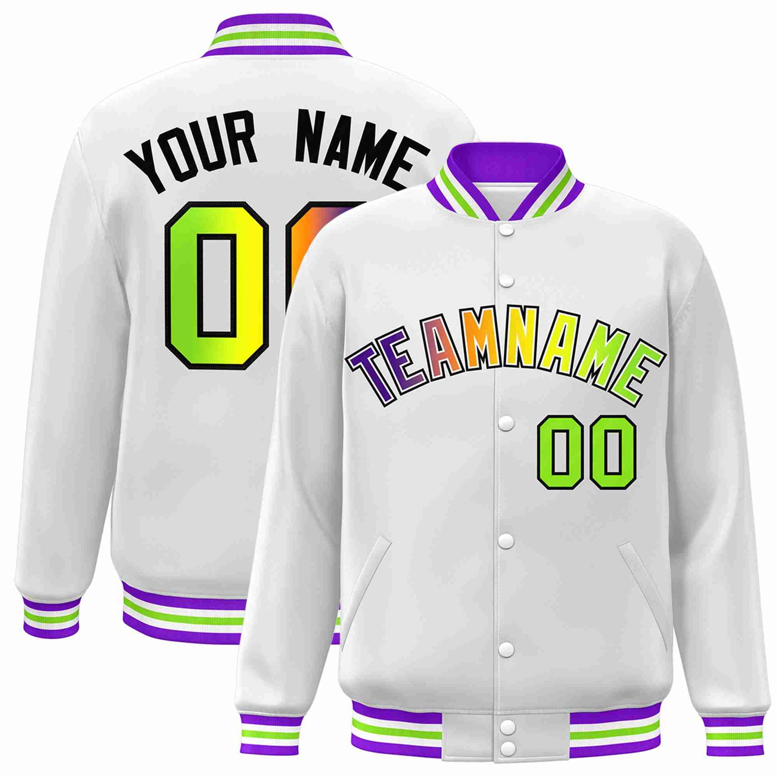 Custom White Purple-White Gradient Fashion Letterman Bomber Varsity Jacket