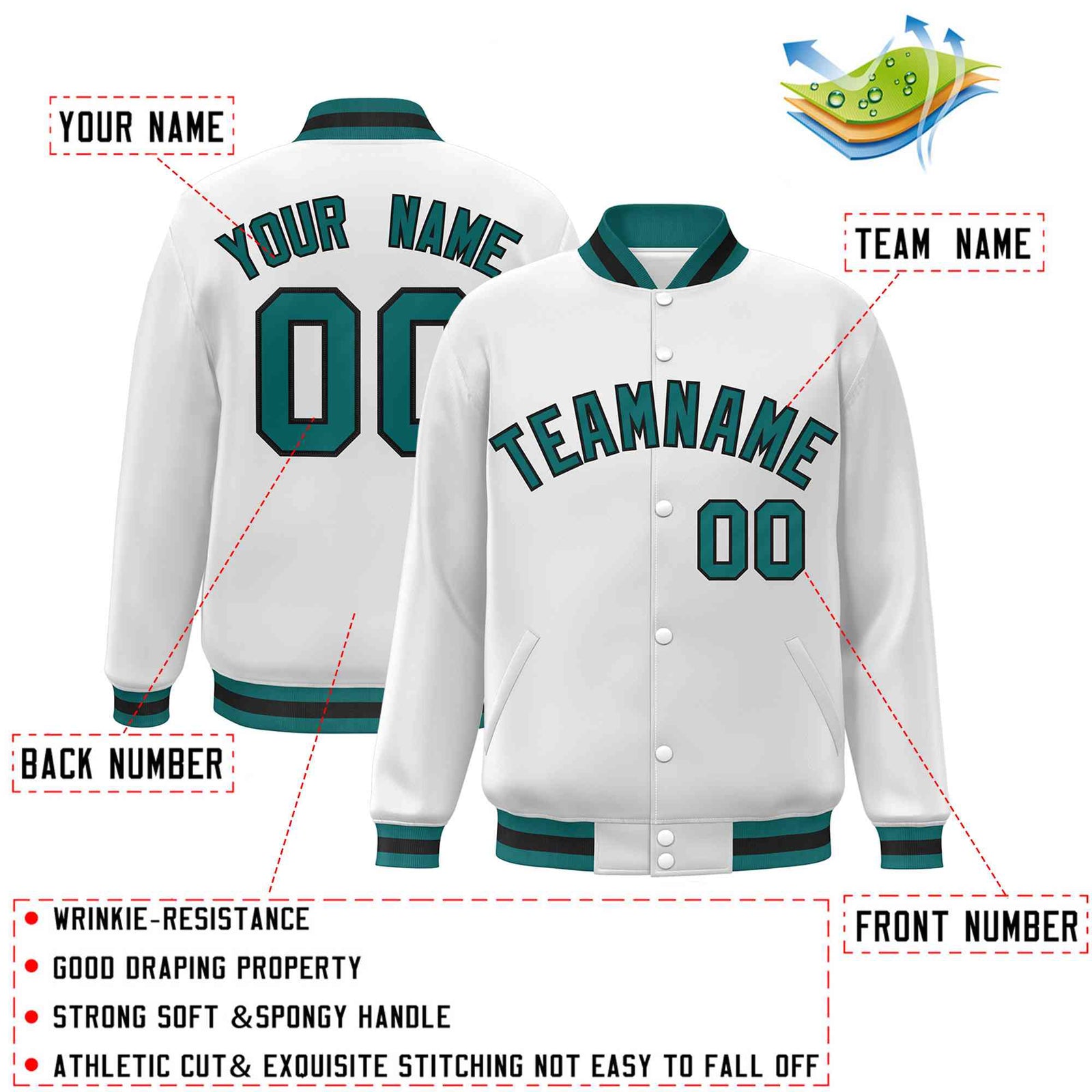 Custom White Aqua-Black Classic Style Varsity Full-Snap Letterman Jacket