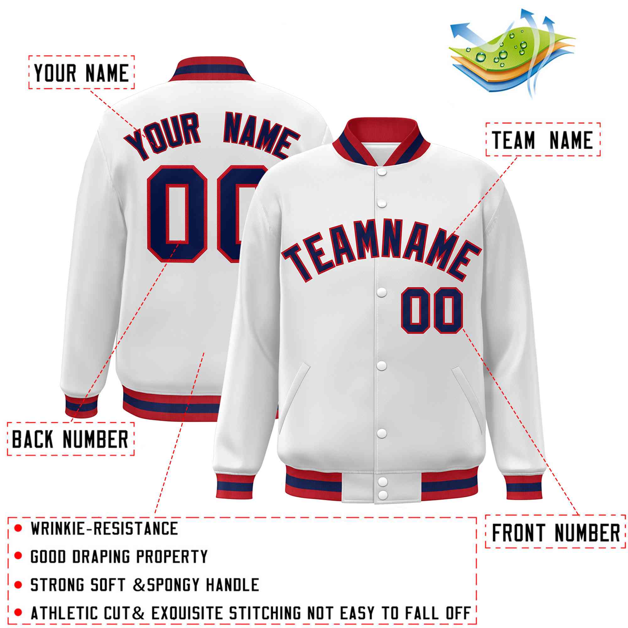 Custom White Navy-Red Classic Style Varsity Full-Snap Letterman Jacket