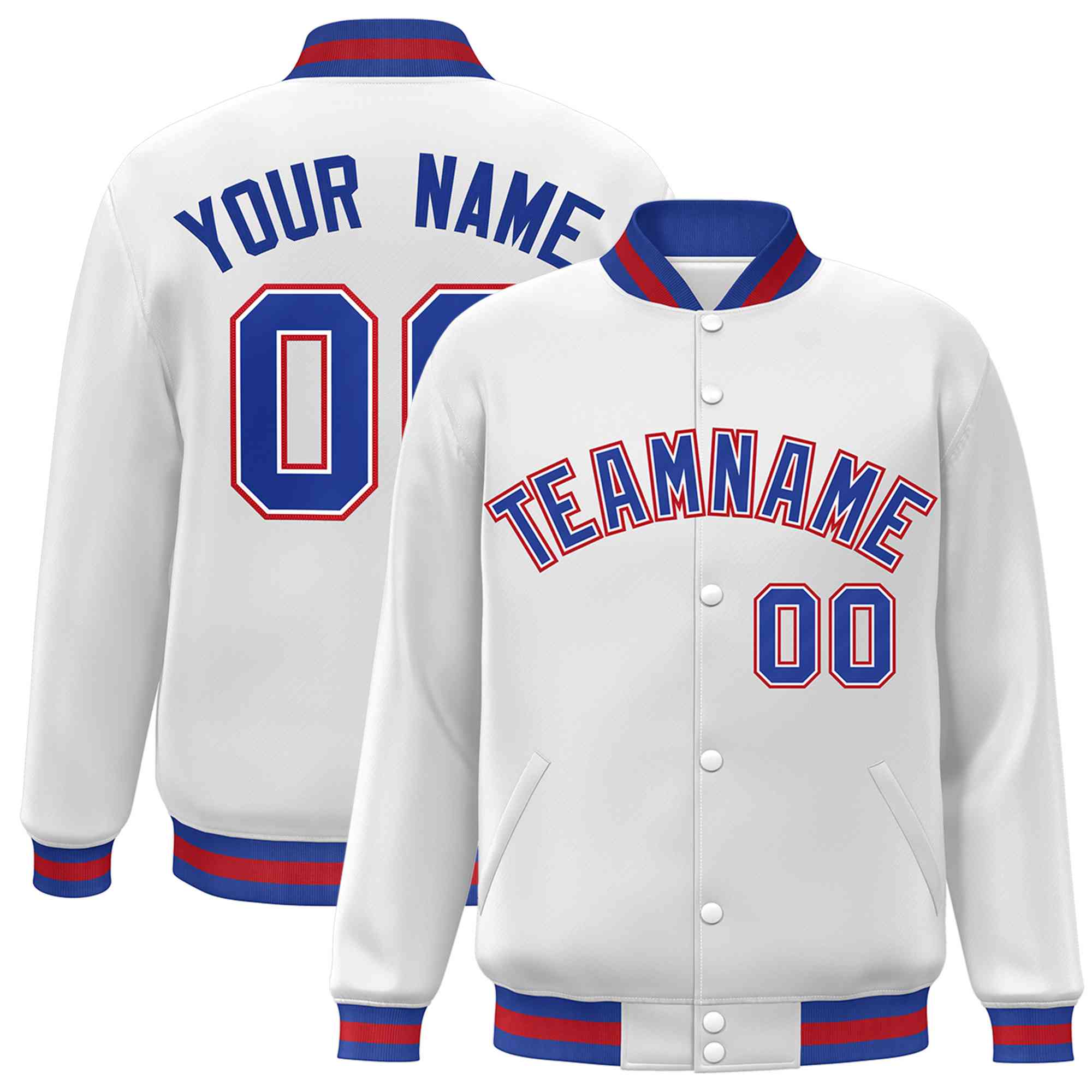 Custom White Royal-White Classic Style Varsity Full-Snap Letterman Jacket