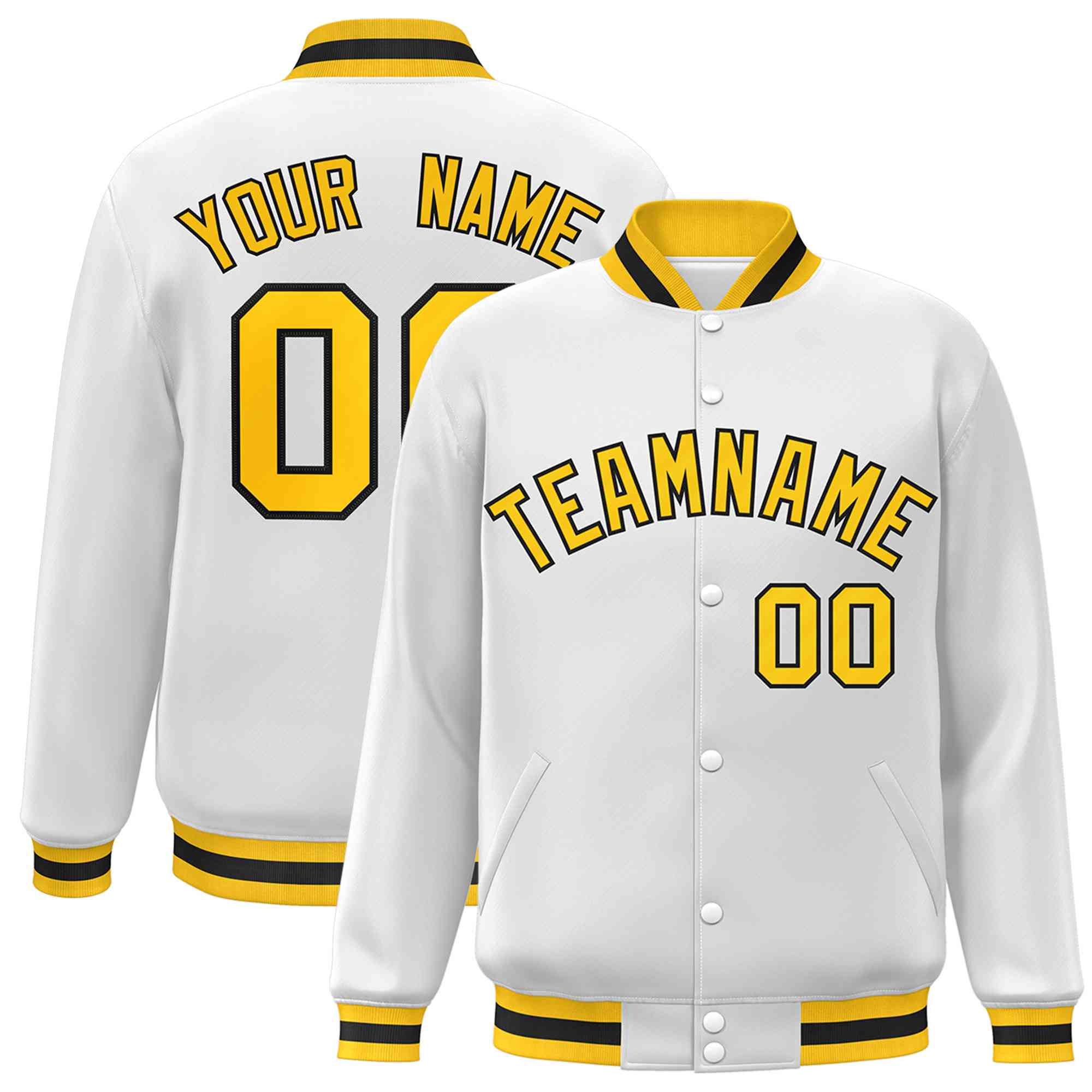 Custom White Gold-Black Classic Style Varsity Full-Snap Letterman Jacket