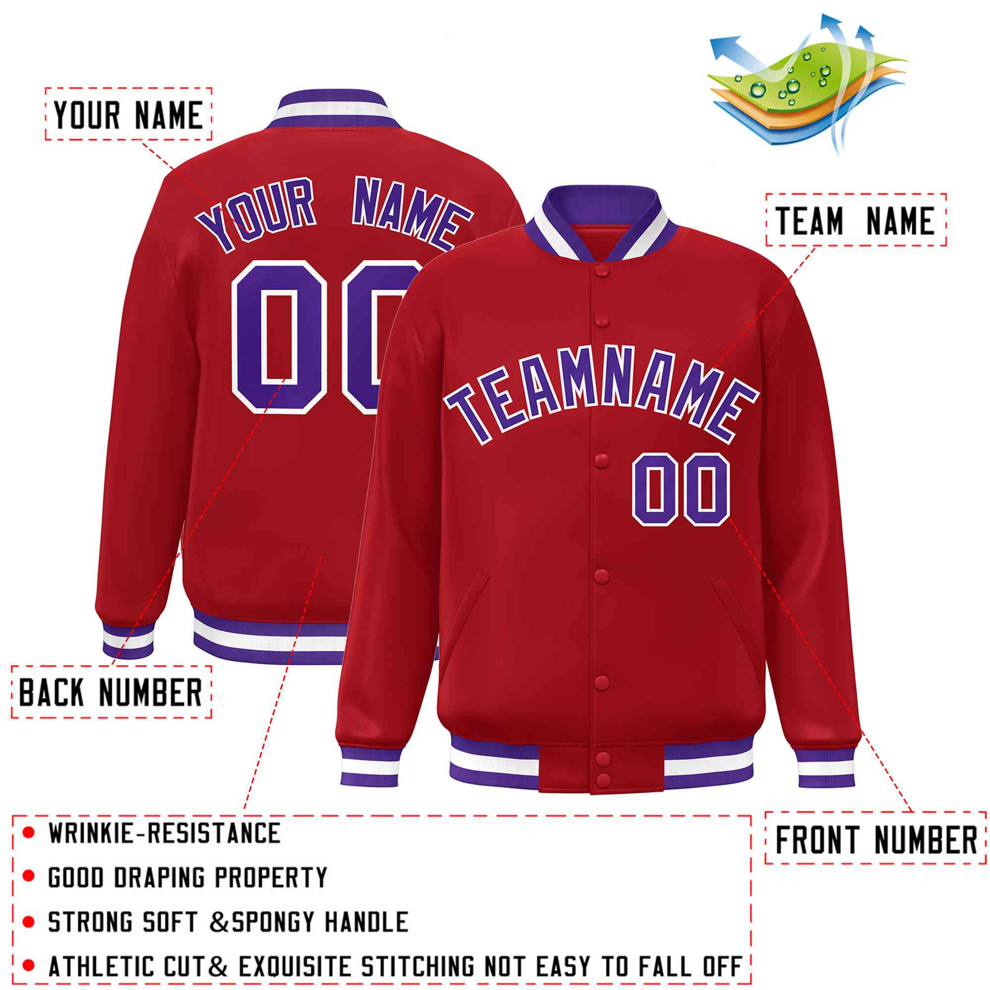 Custom Red Purple-White Classic Style Varsity Full-Snap Letterman Jacket