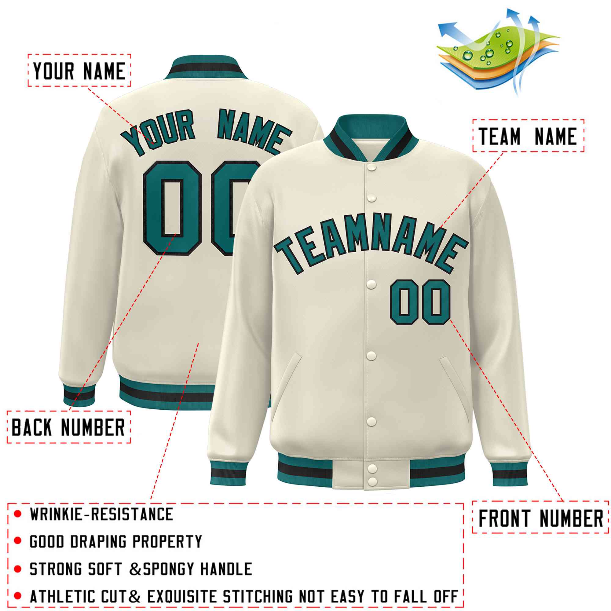 Custom Khaki Aqua-Black Classic Style Varsity Full-Snap Letterman Jacket