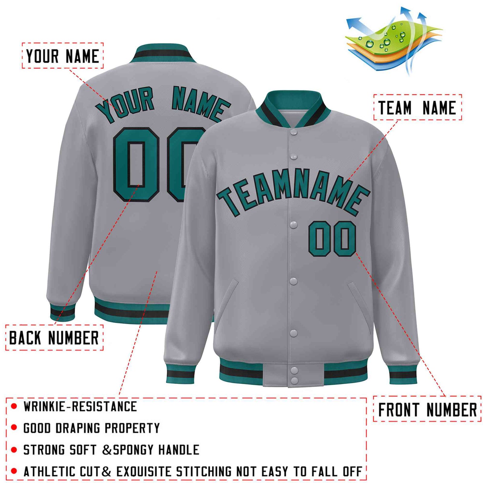 Custom Gray Aqua-Black Classic Style Varsity Full-Snap Letterman Jacket