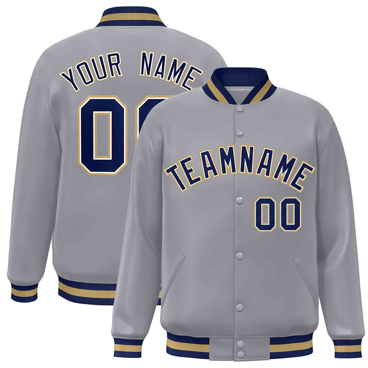 Custom Gray Navy-White Classic Style Varsity Full-Snap Letterman Jacket