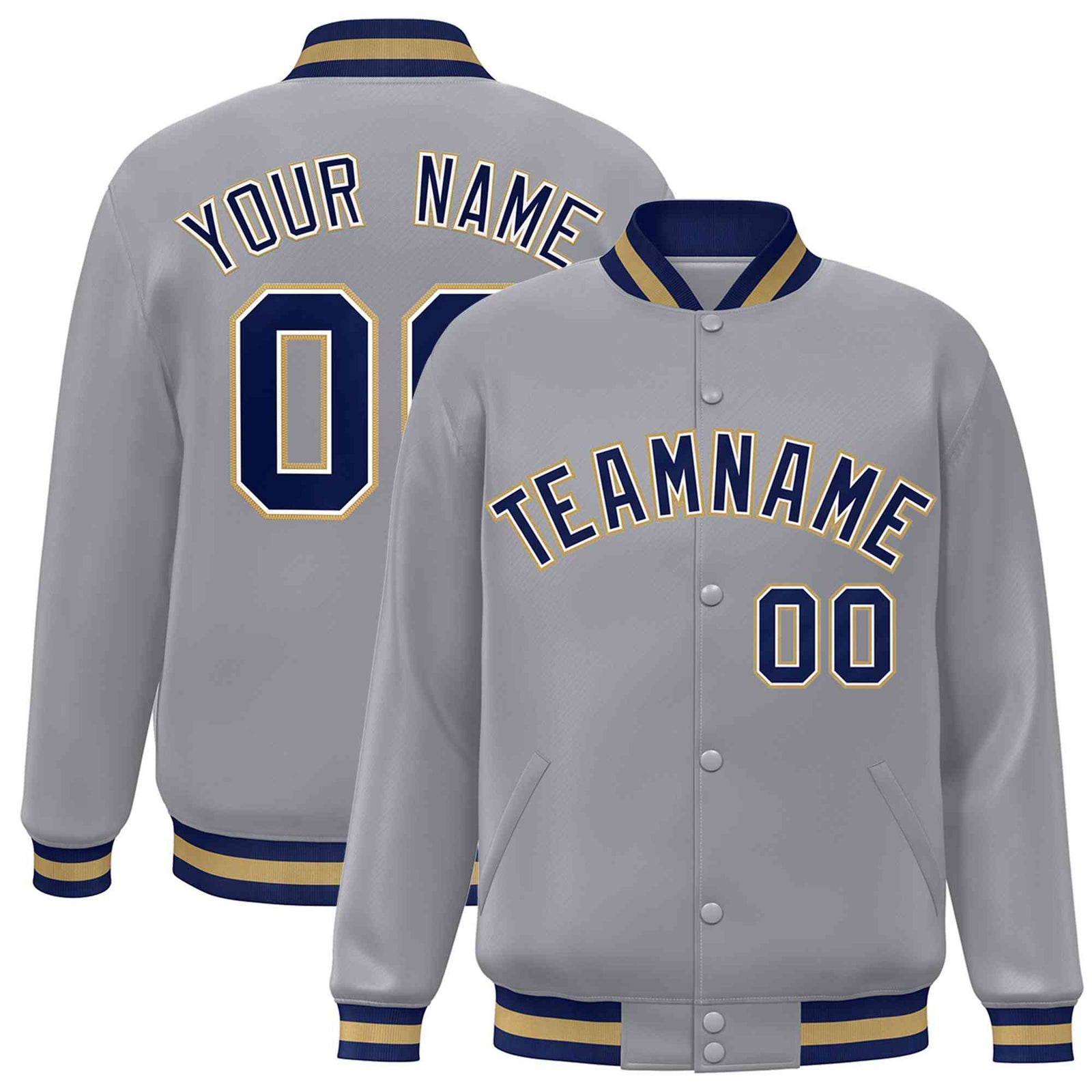 Custom Gray Navy-White Classic Style Varsity Full-Snap Letterman Jacket