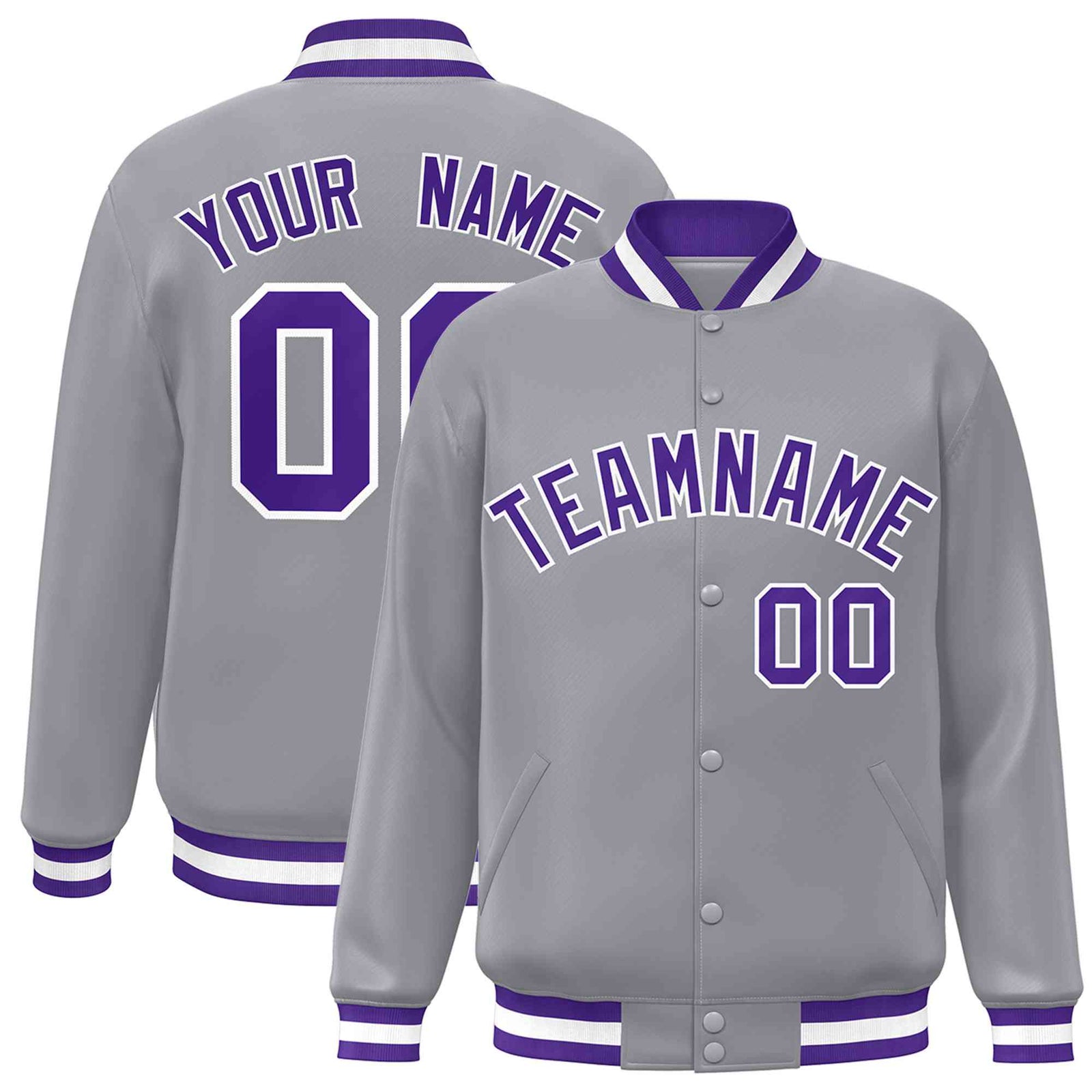 Custom Gray Purple-White Classic Style Varsity Full-Snap Letterman Jacket