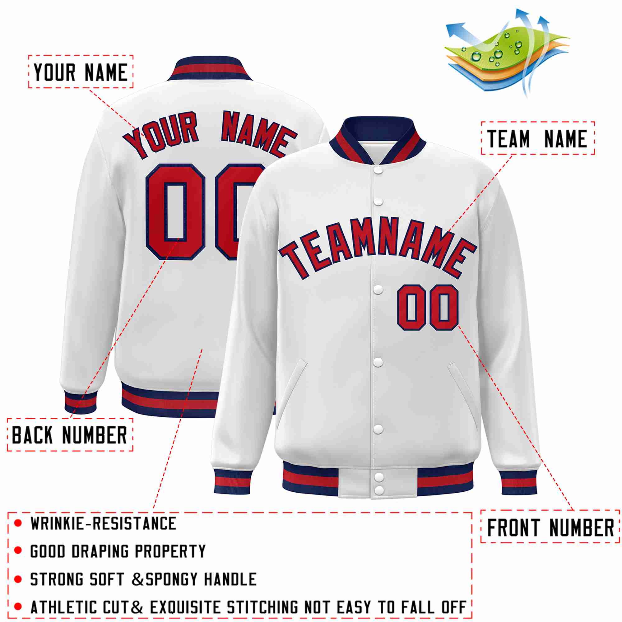 Custom White Red-Navy Classic Style Varsity Full-Snap Letterman Jacket