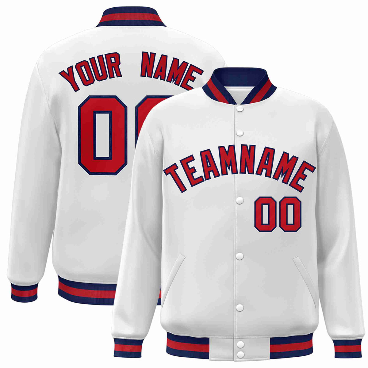 Custom White Red-Navy Classic Style Varsity Full-Snap Letterman Jacket