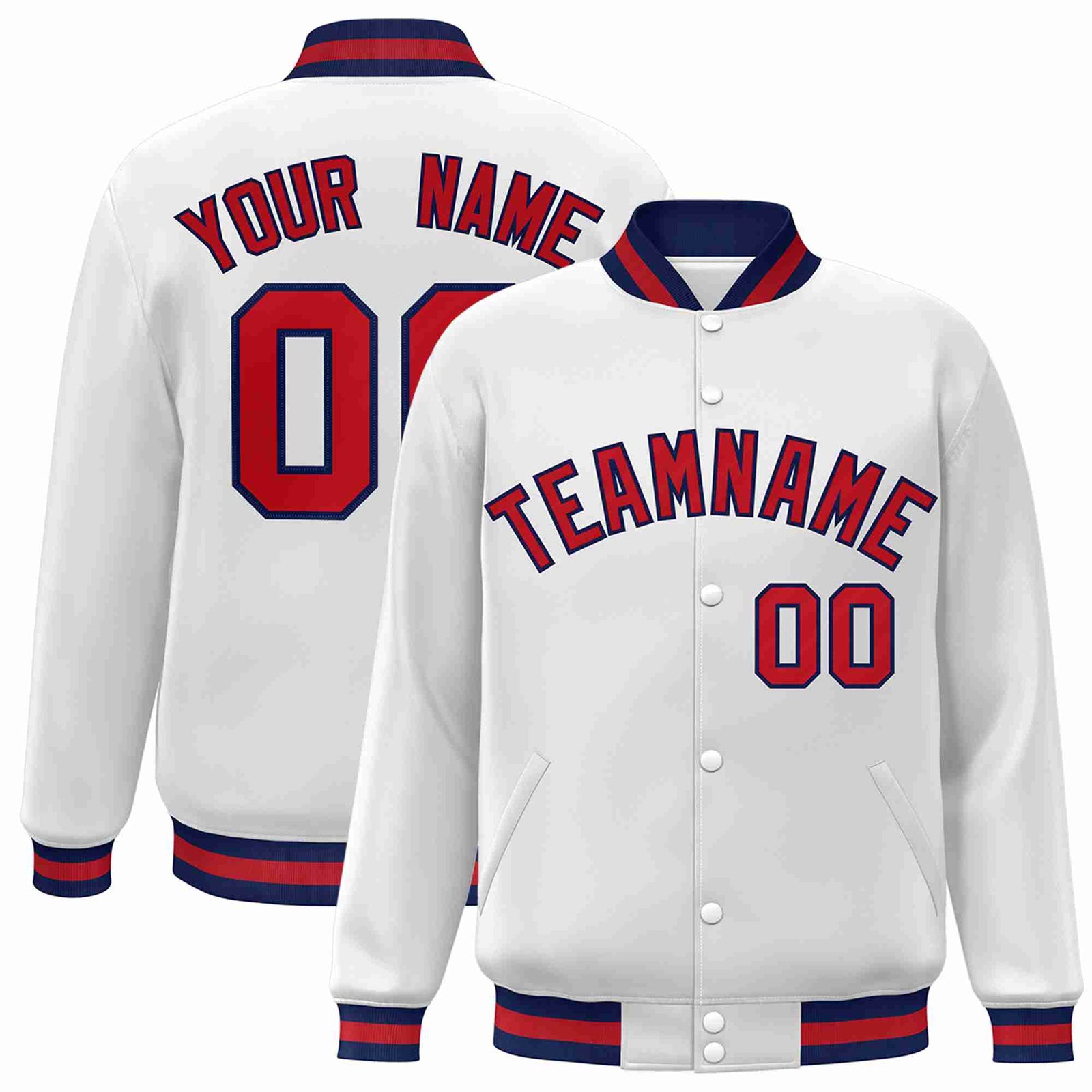 Custom White Red-Navy Classic Style Varsity Full-Snap Letterman Jacket