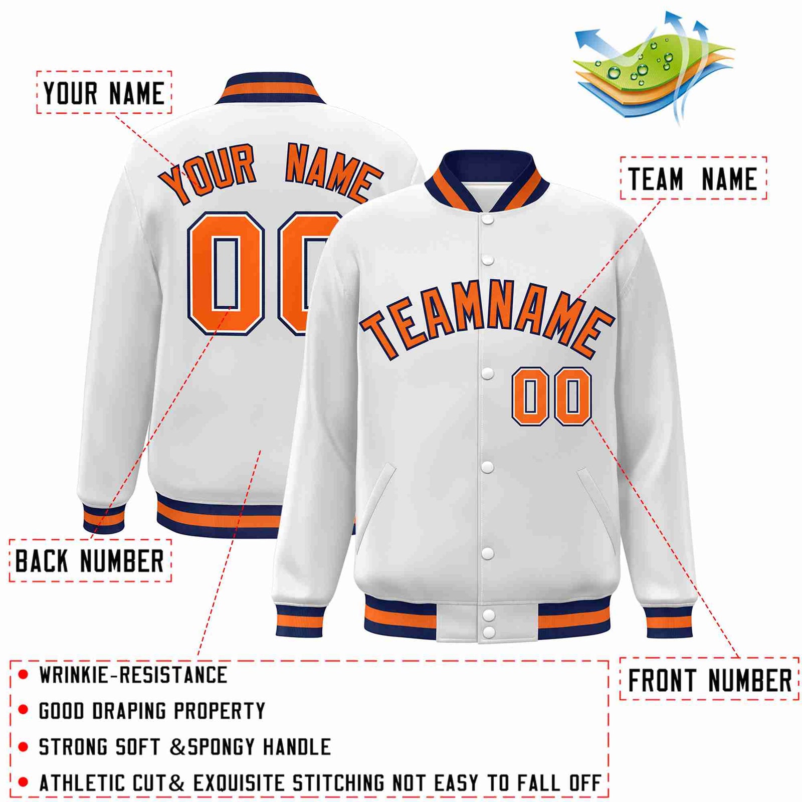 Custom White Orange-Navy Classic Style Varsity Full-Snap Letterman Jacket