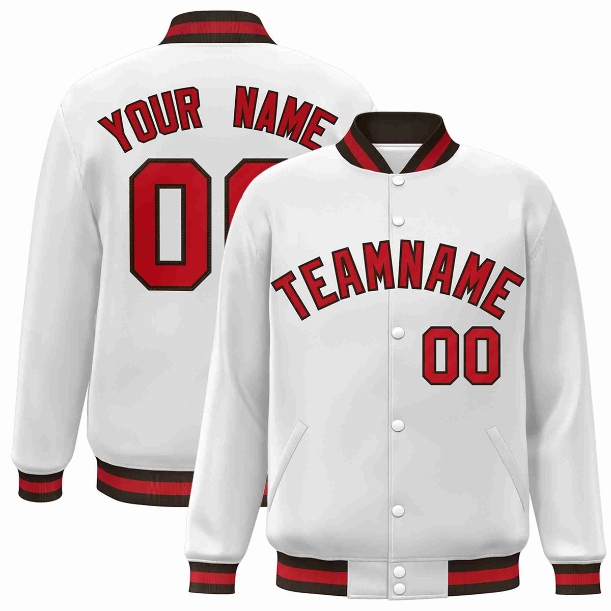 Custom White Red-Brown Classic Style Varsity Full-Snap Letterman Jacket