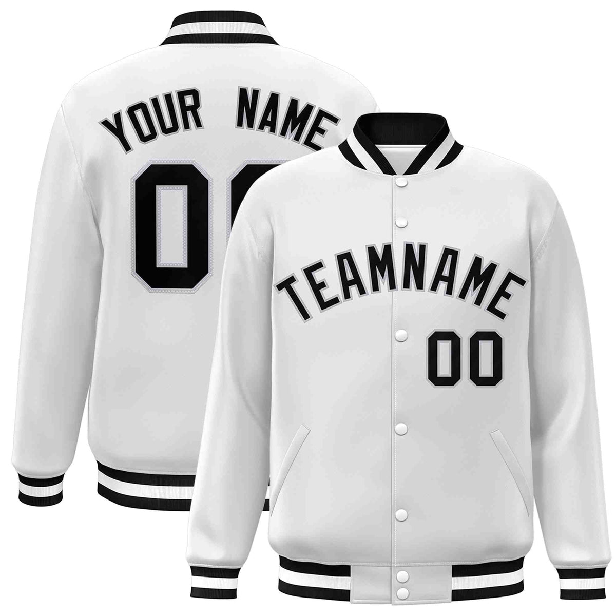 Custom White Black-Gray Classic Style Varsity Full-Snap Letterman Jacket