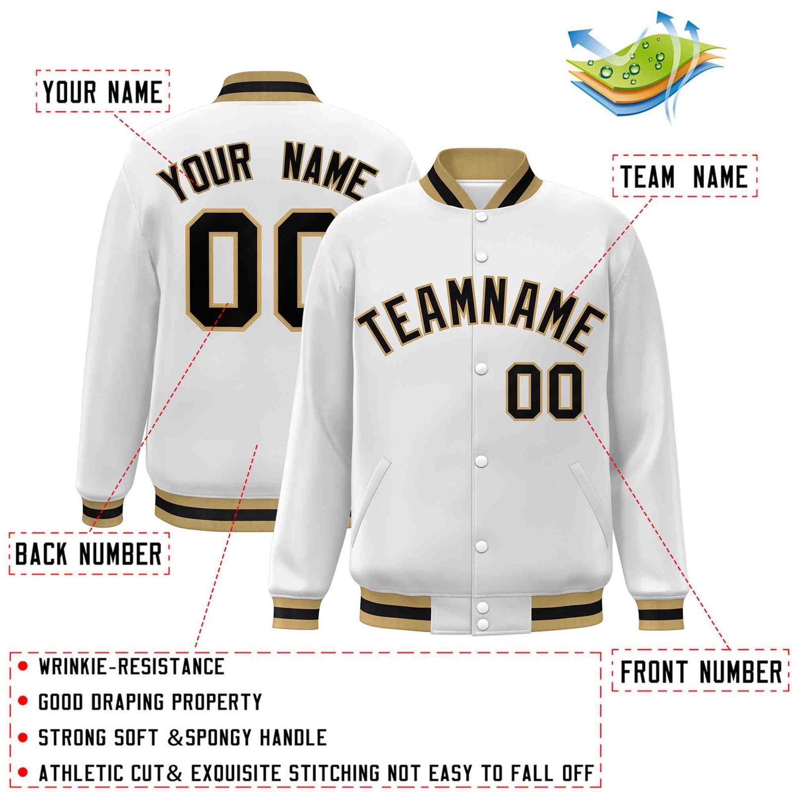 Custom White Black-Old Gold Classic Style Varsity Full-Snap Letterman Jacket