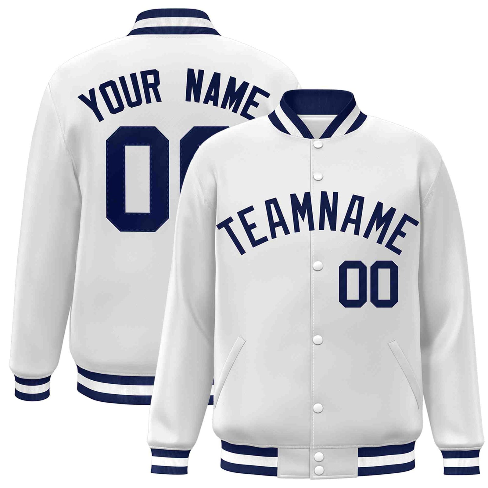 Custom White Navy Classic Style Varsity Full-Snap Letterman Jacket