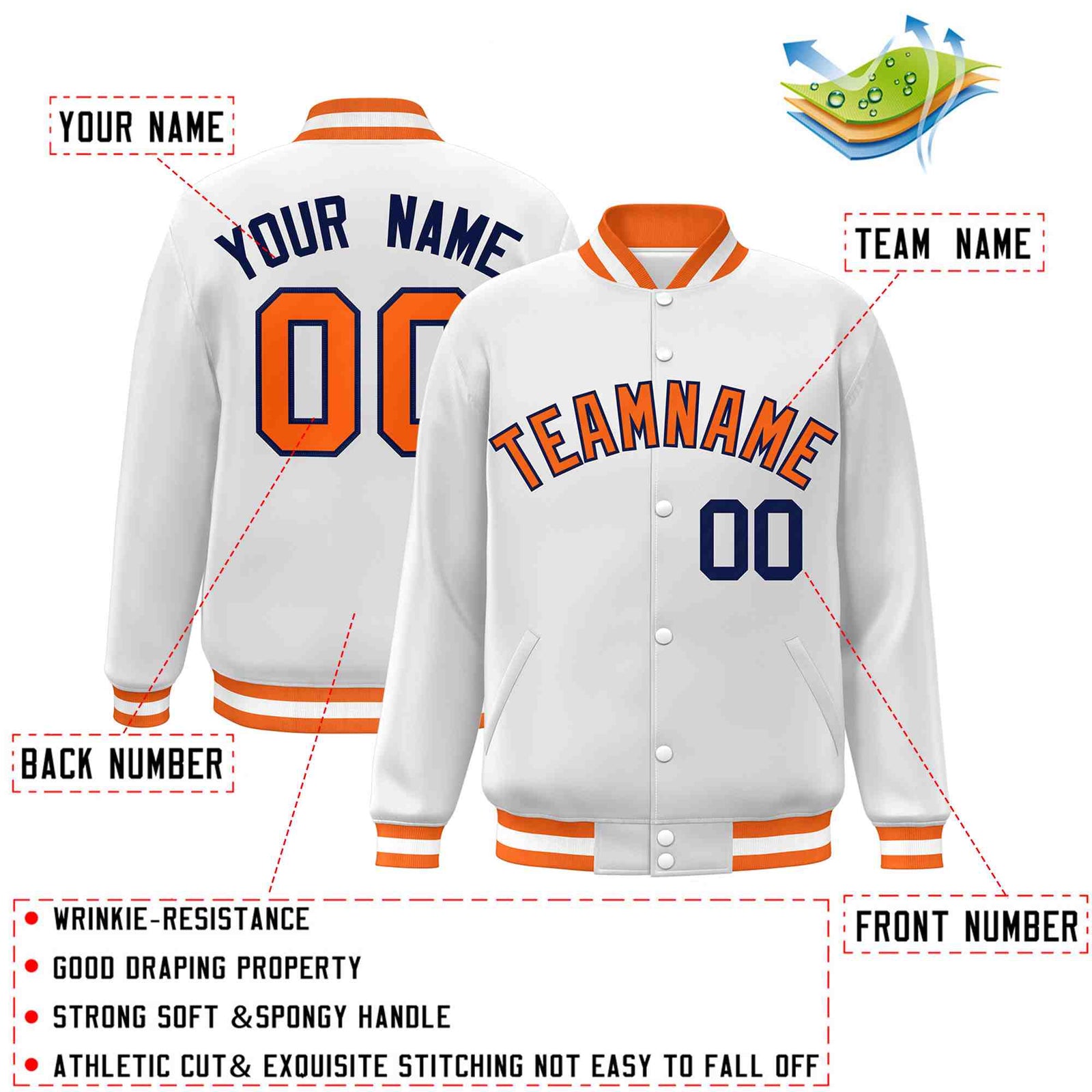 Custom White Orange-Navy Classic Style Varsity Full-Snap Letterman Jacket