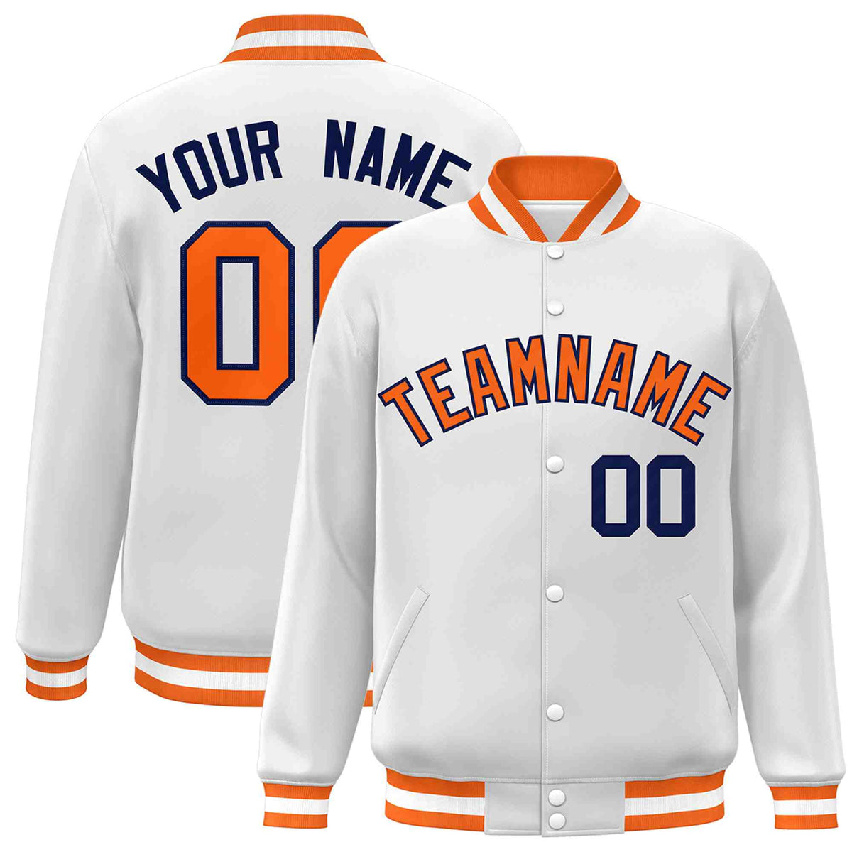 Custom White Orange-Navy Classic Style Varsity Full-Snap Letterman Jacket