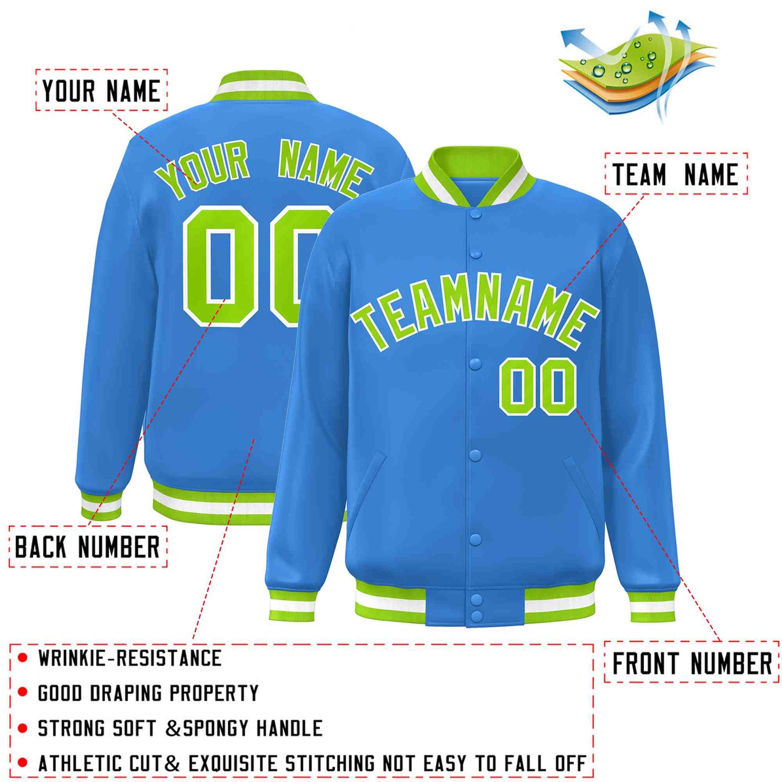 Custom Powder Blue Neon Green-White Classic Style Varsity Full-Snap Letterman Jacket