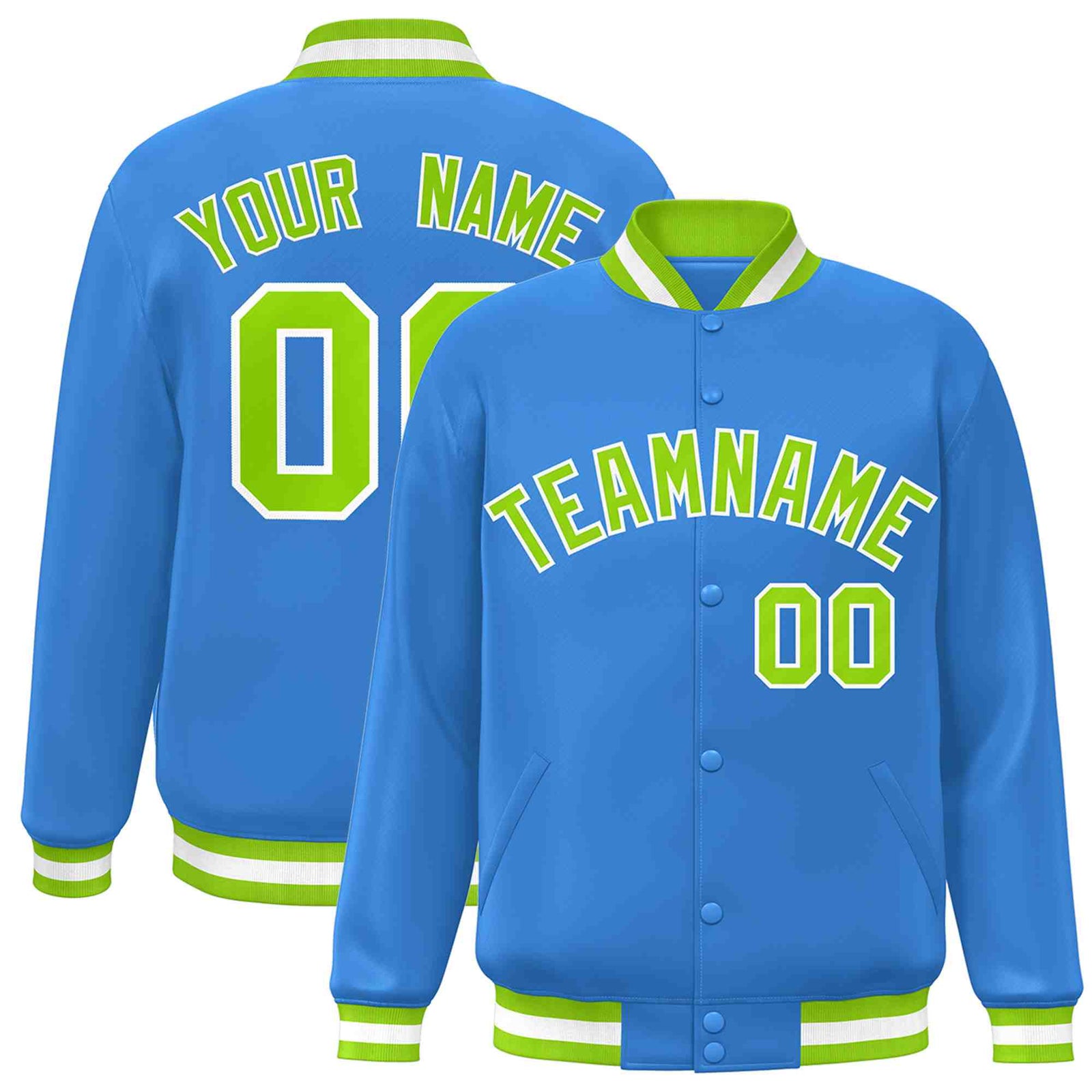 Custom Powder Blue Neon Green-White Classic Style Varsity Full-Snap Letterman Jacket