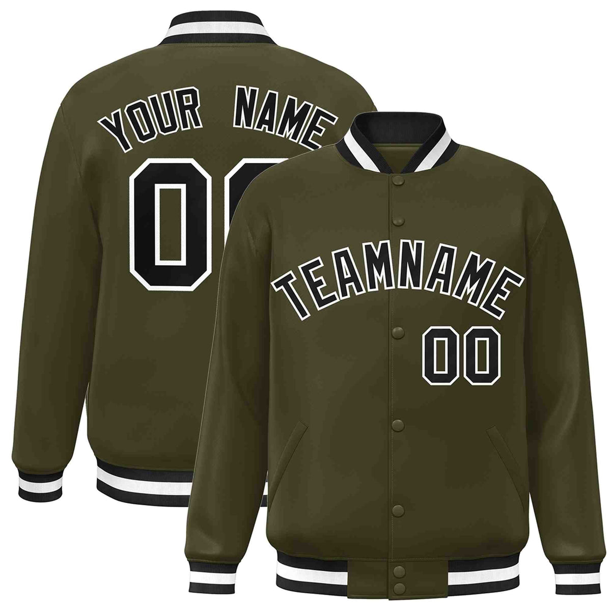 Custom Olive Black-White Classic Style Varsity Full-Snap Letterman Jacket