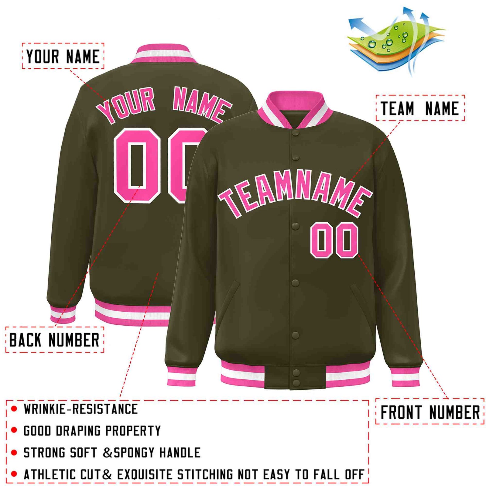 Custom Olive Pink-White Classic Style Varsity Full-Snap Letterman Jacket