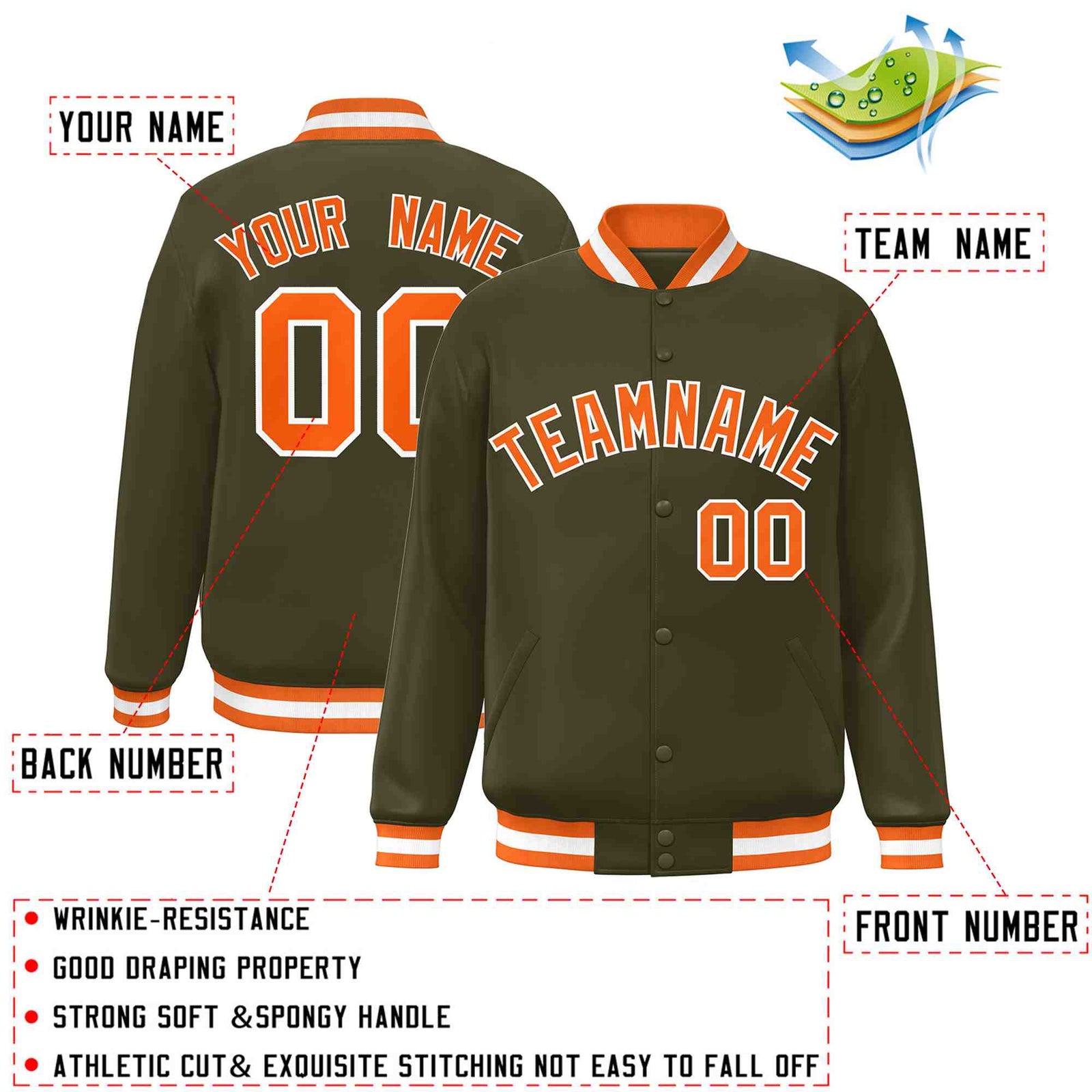 Custom Olive Orange-White Classic Style Varsity Full-Snap Letterman Jacket
